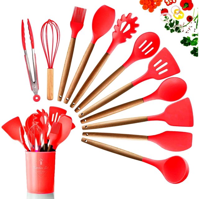 11-Piece Silicone Cooking Utensil Set, Heat-Resistant Wooden Handles, Cooking Tools, Bpa-Free, Non-Toxic, Spatula, Spatula, Spoon, Kitchen Utensil Set For Non-Stick Cookware Red