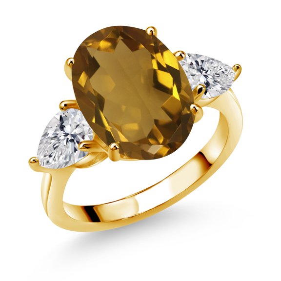 Gem Stone King 18K Yellow Gold Plated Silver Whiskey Quartz and Lab Grown Diamond Engagement Ring for Women | 6.04 Cttw | Oval 14X10MM | Gemstone Birthstone | Size 6