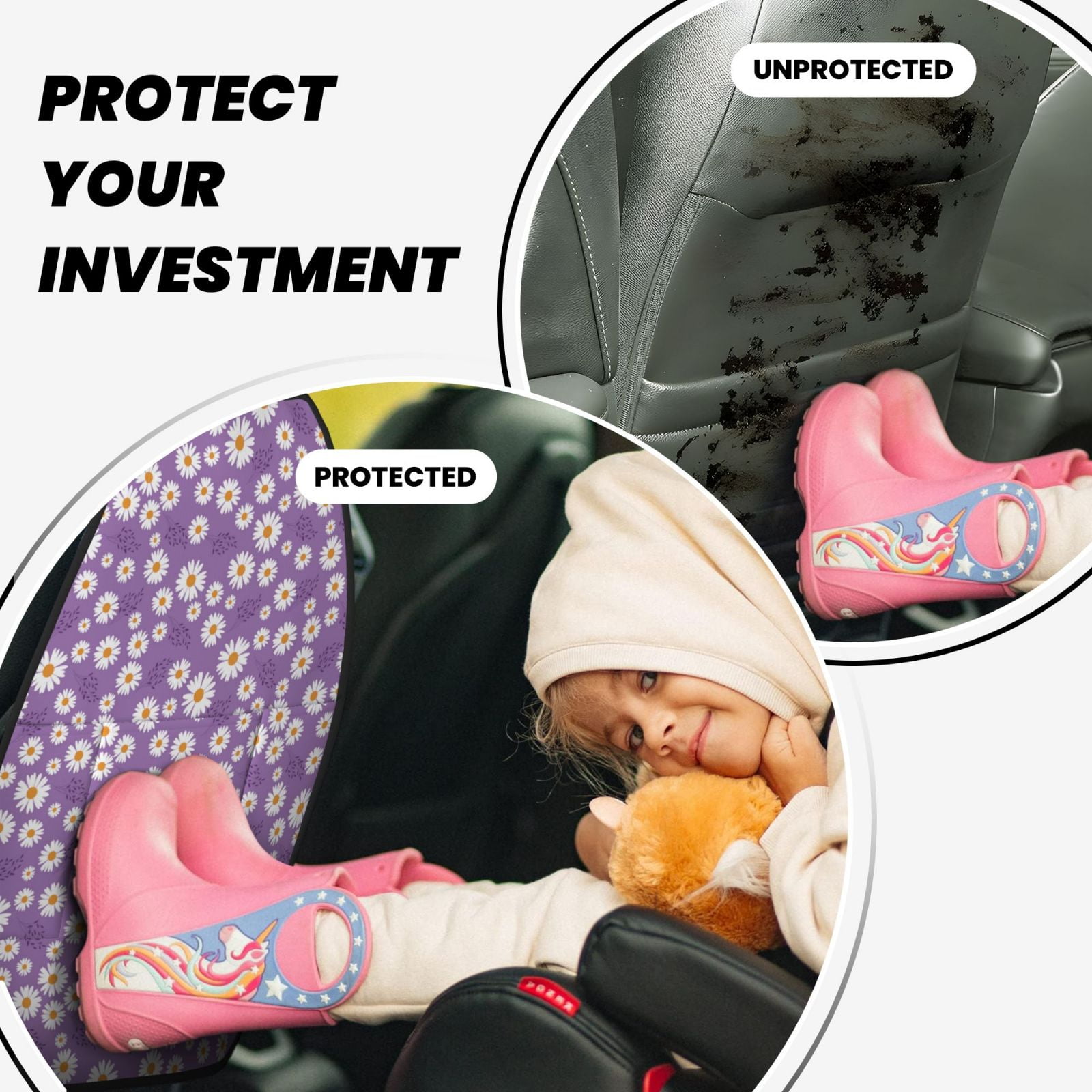 Xecao Daisies Flowers Pattern Car Seat Back Protector 2 Pack Large Capacity Pocket, Kick Mats Back Seat Protector