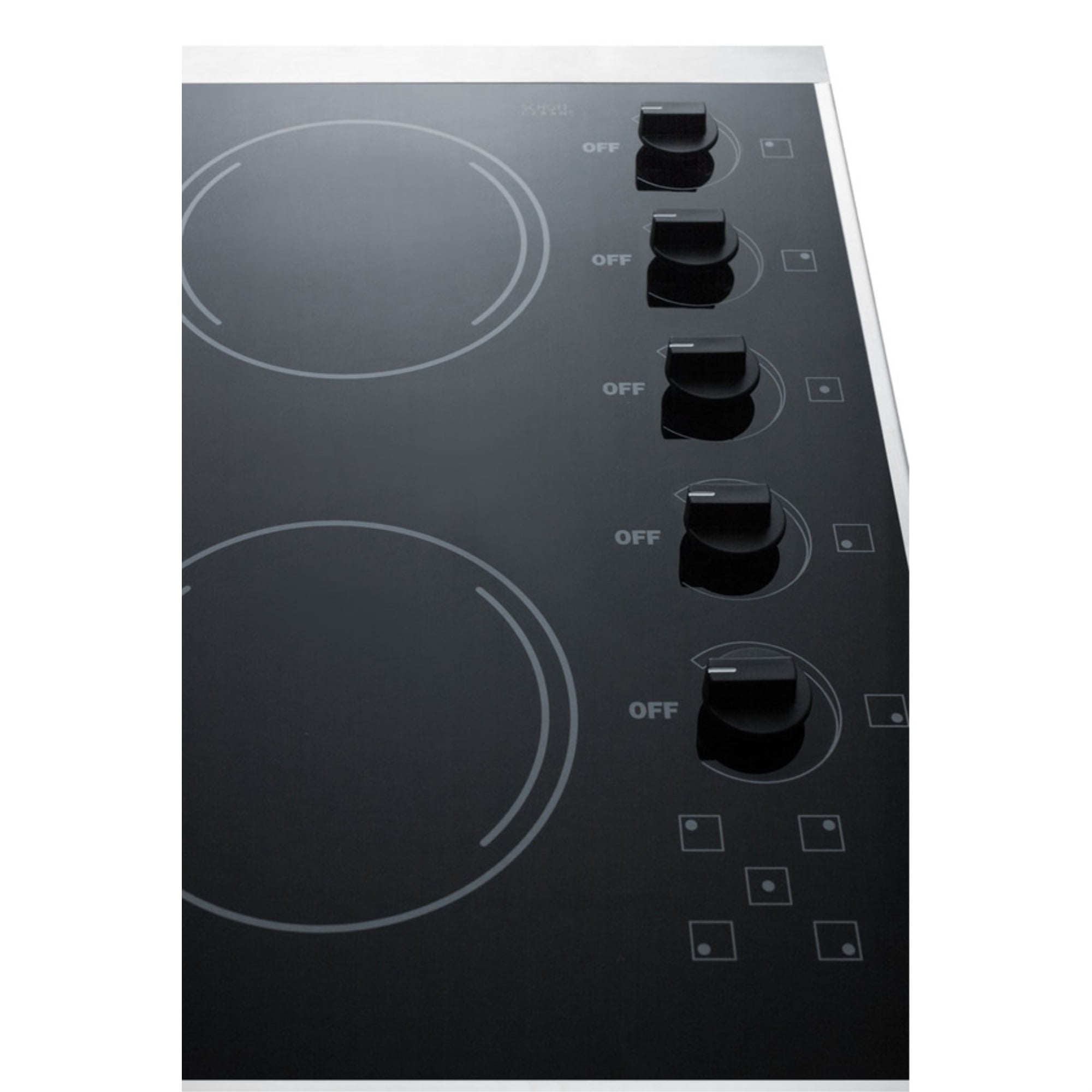 27" wide 5-burner radiant cooktop made in the USA in smooth black ceramic glass finish and oversized SS trim