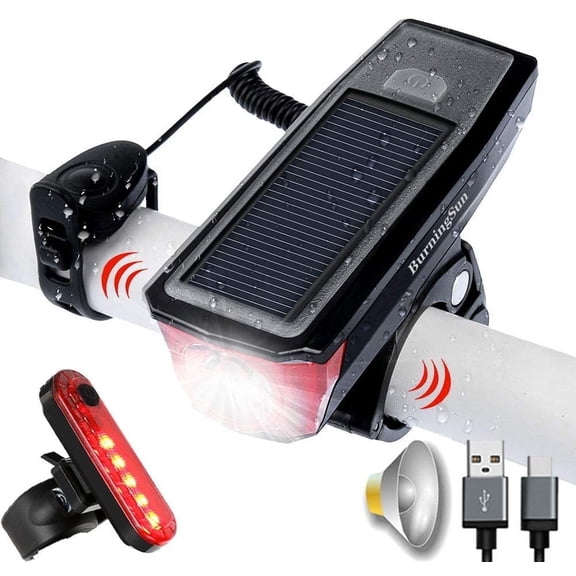 Bike Light Set and Horn Solar Powered USB Rechargeable 4 Mode Bicycle Headlight Taillight Combinations Front Back Light & Bell for Cycling Riding Safety Warning Rear Tail Light LED Speaker