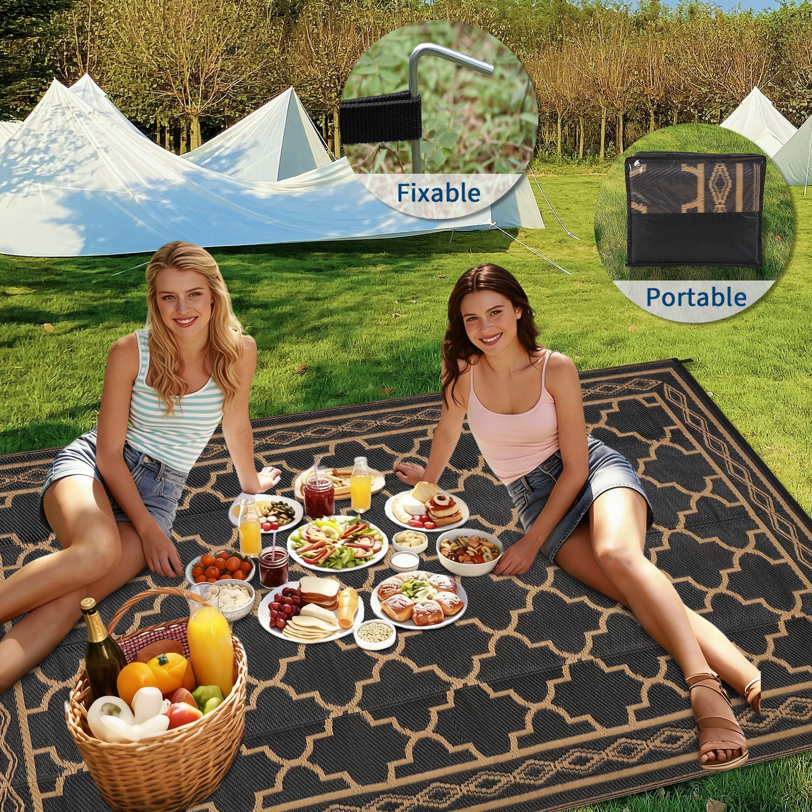 Garvee Outdoor Rug 8x10ft Waterproof for Patios, Reversible Plastic Straw Rug Camping Carpet Mats for RV, Picnic, Backyard, Deck, Balcony, Porch, Beach, Black & Brown