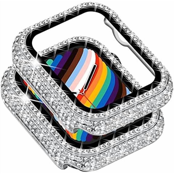 Women Silver Bling Watch Case Compatible with Apple Watch 40mm Series 6/5/4, 300 Sparkly Crystal Diamonds, Hard Bumper with Tempered Glass for Full Protection