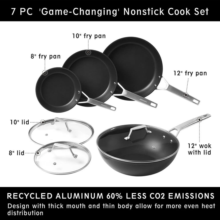 MSMK 7-Piece Non Stick Frying Pans with Lids and Wok, Brown