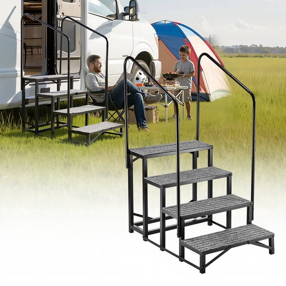 VEVOR RV Steps with Dual Handrails, 4 Steps, 660 lbs Load Capacity, Heavy Duty Outdoor RV Stairs with Non-Slip Mat for Elderly/Pets, Portable Stairs for Hot Tub, Camper, Mobile Home, Porch, Pool, SPA