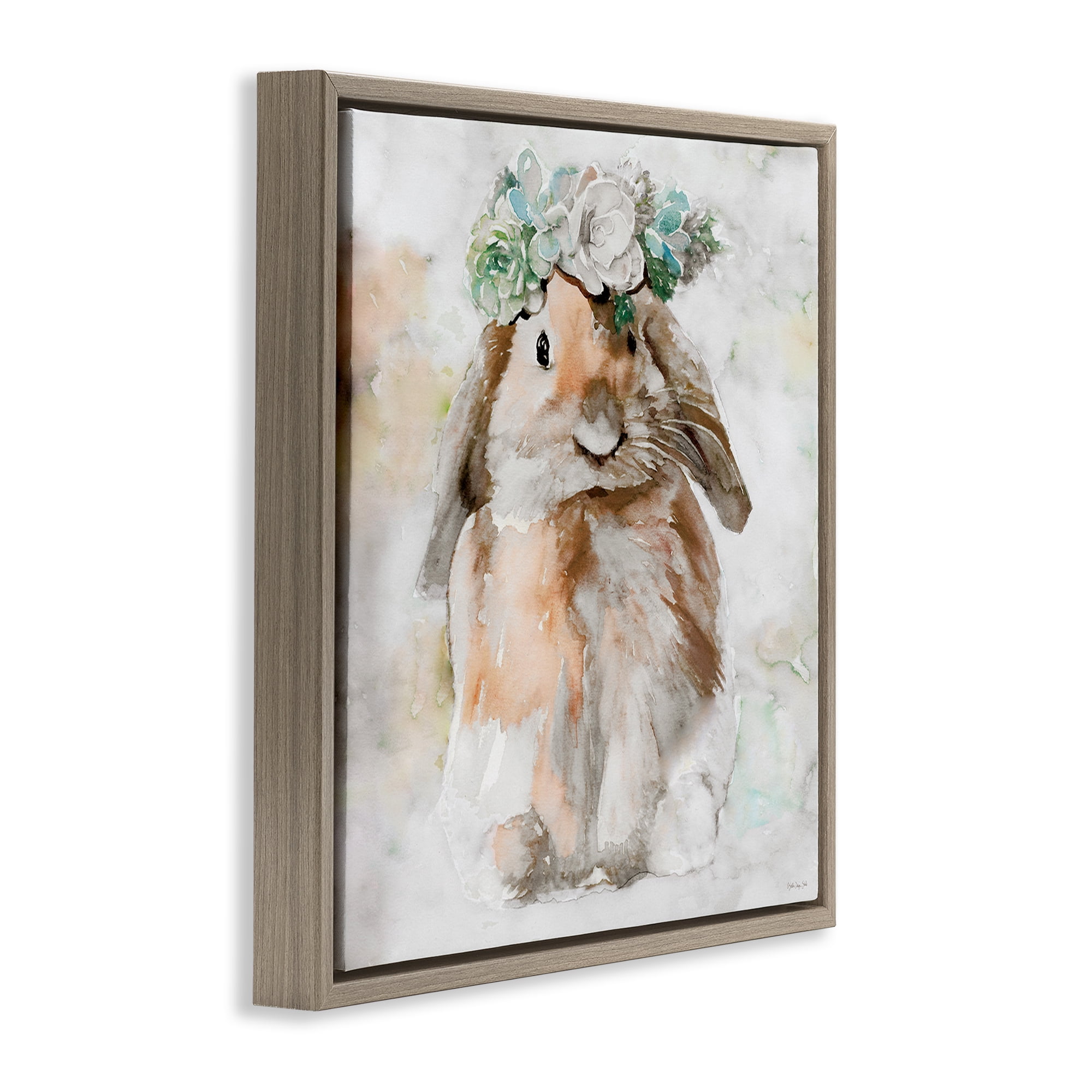 Stupell Industries Bunny & Spring Floral Crown Animals & Insects Painting Brown Floater Framed Canvas Art Print Wall Art, 18 x 18