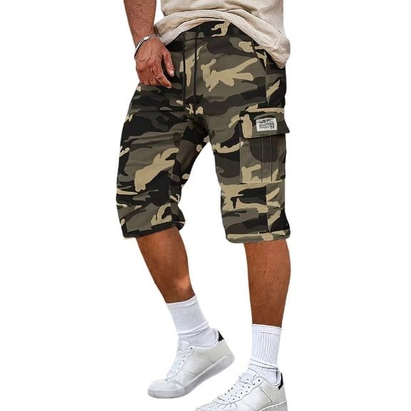 Homeyce Men's Cargo Shorts Elastic Waist Long Capri Below the Knee Shorts with Multi-Pockets Below Knee Cargo Shorts Outdoor Work Relaxed Fit Cargo Shorts,Brown L