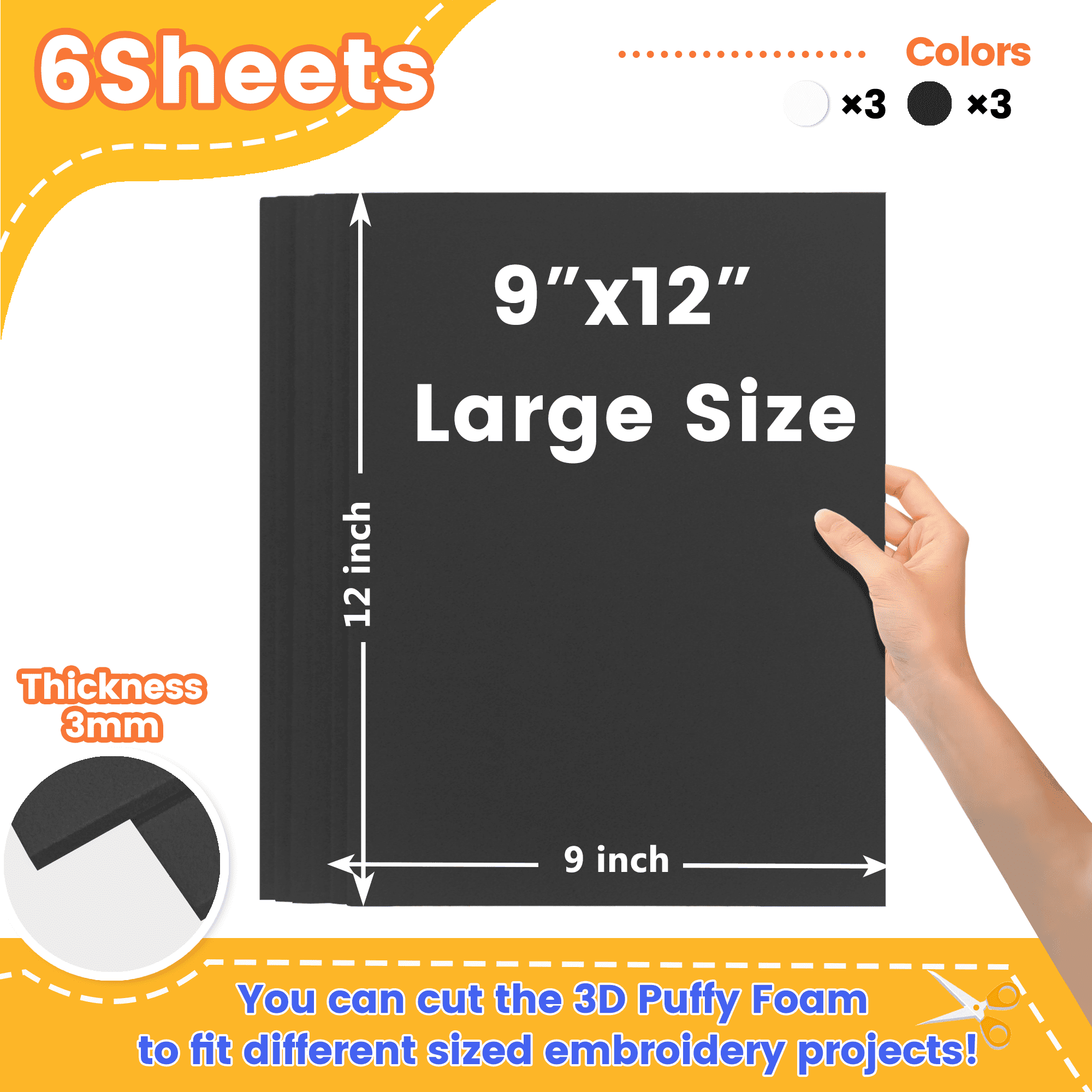 New brothread - 6 black | 6-Pack Embroidery Puff Foam Sheets 9"x12" | 3MM Thick for 3D Raised Embroidery on Hats, Apparel, Jackets, Bags & Accessories | Assorted Colors