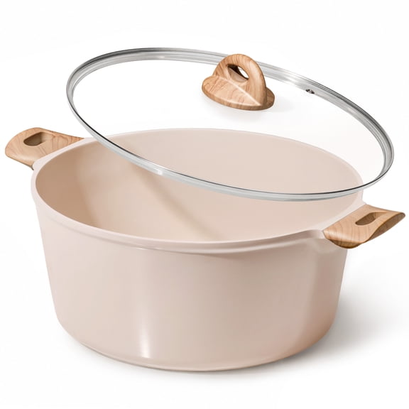 Carote 10QT Nonstick Ceramic Dutch Oven, Non Toxic Stock Pot with Glass Lid, Cooking Pot, Easy to Clean, Large Capacity for Big Family Kitchen, All Stoves Compatible Taupe