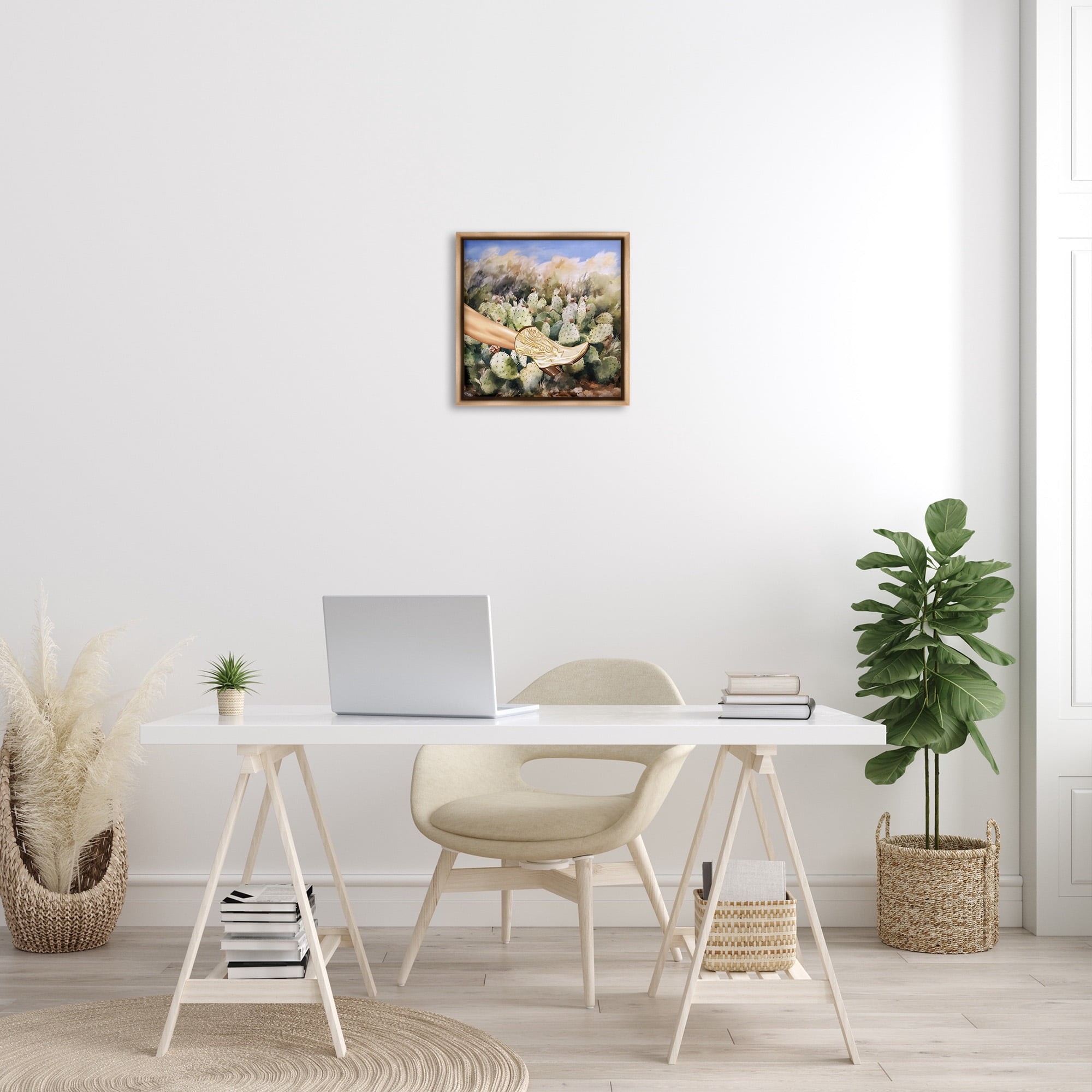 Stupell Industries Cowgirl Boot & Cactus Botanical & Floral Painting Brown Floater Framed Canvas Art Print Wall Art, 18 x 18