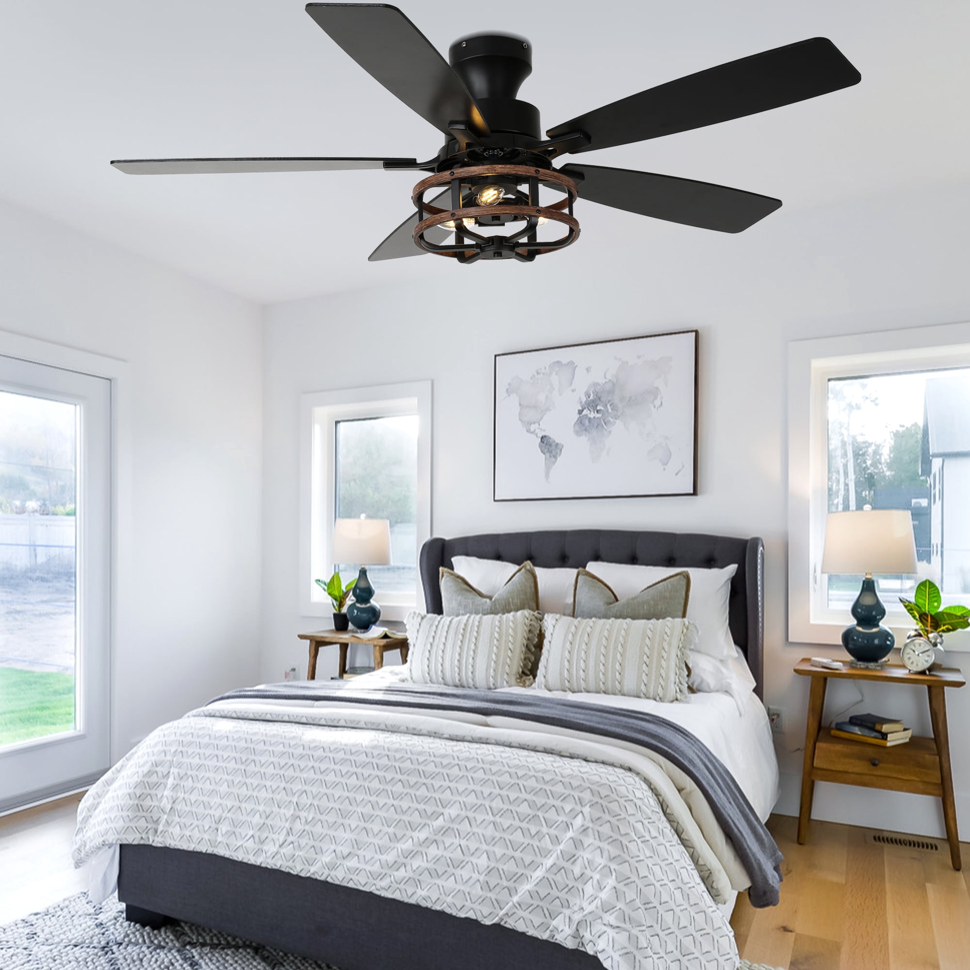 Cusp Barn 52 inch Black Farmhouse Industrial Flush Mount Ceiling Fan with Lights and Remote, 6 Speeds Low Profile Ceiling Fan