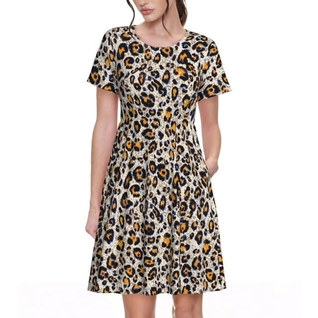 Balery Leopard Vestidos sueltos de manga corta para mujer, vestidos de verano 2025, vestidos casuales de corte A con vuelo.