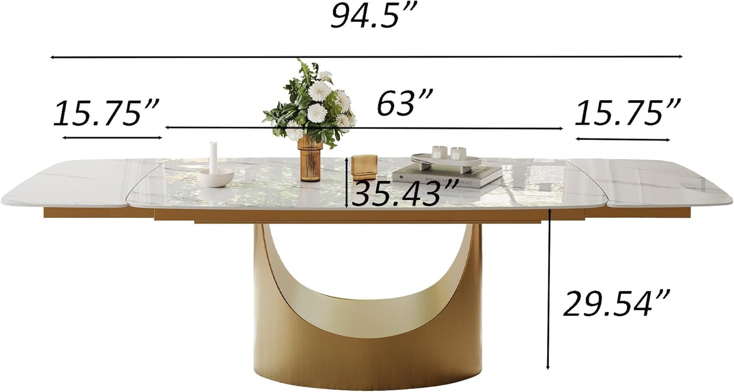 Extendable Dining Room Table for 6-12, Modern Dining Table 63" to 95" Expandable Dining Table, Faux Marble Rectangle Dining Table with Carbon Steel Base for Kitchen (Table Only)
