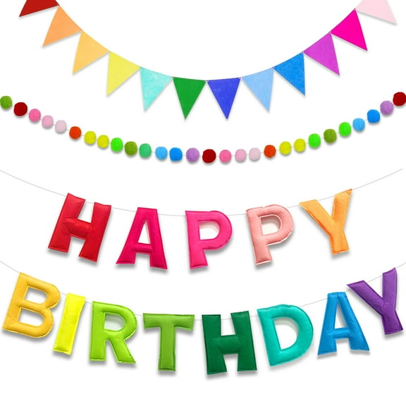 LELE LIFE 3 Pack Happy Birthday Banner, Felt 3D Rainbow Birthday Garland with Balls and Pennant Banner Flags, Reusable Colorful Happy Birthday Sign for Birthday Decorations Party Decor