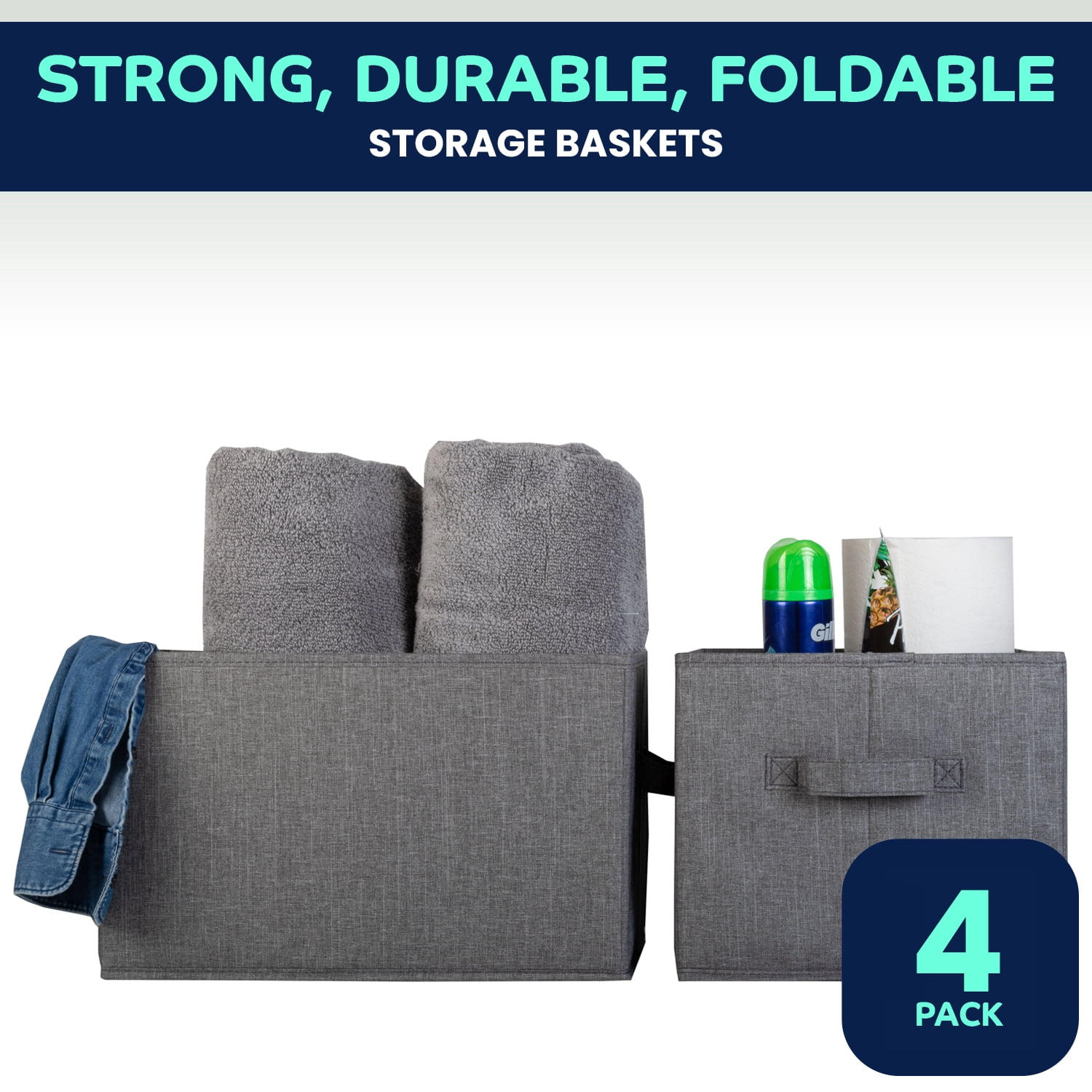 Pomatree Storage Basket - 4 Pack - Fabric Foldable Storage Baskets for Shelves (Grey)