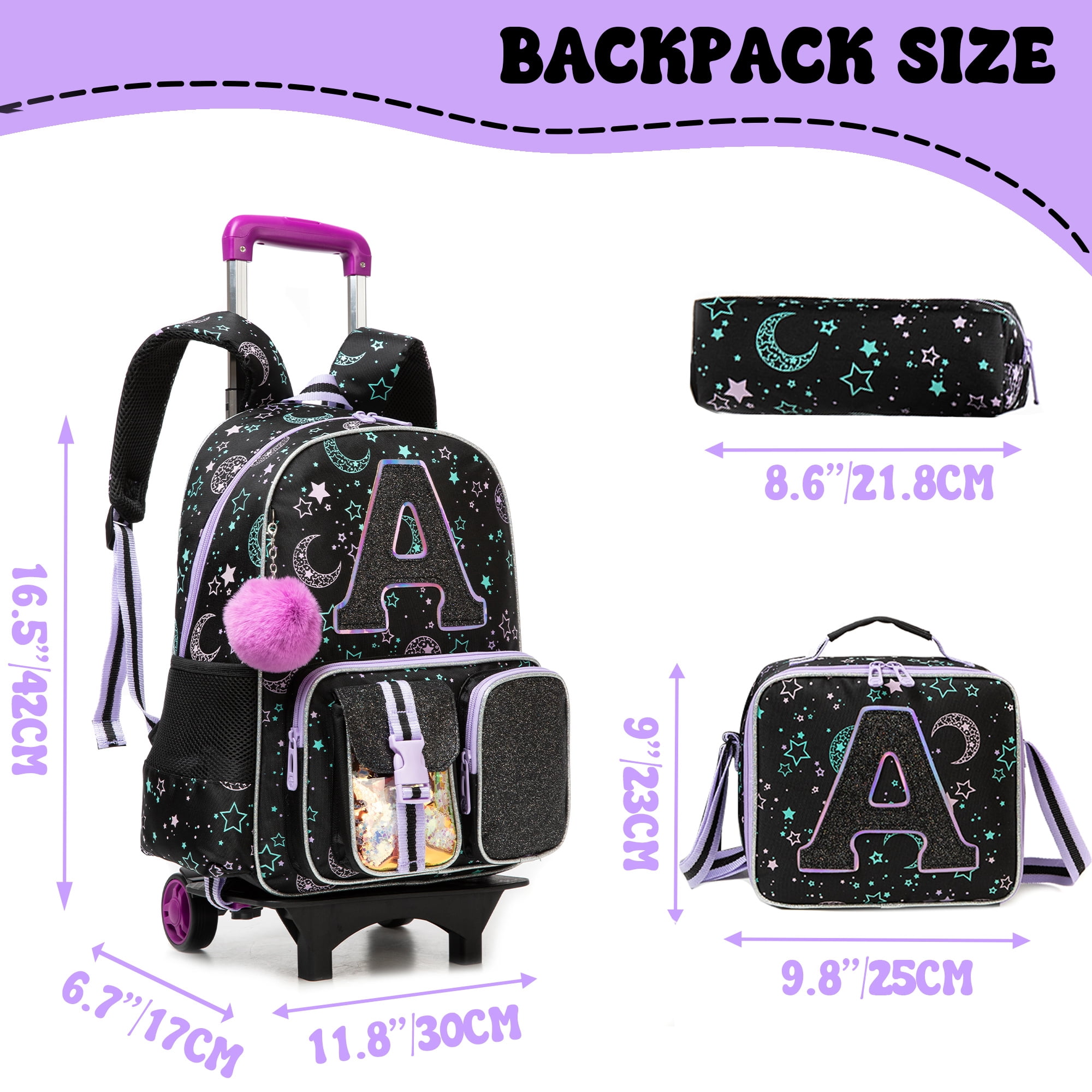 Kids Rolling School Backpack for Girls with Wheels Sequin Cute Carry on Roller Bookbag,Backpacks with Lunch Box for Elementary Student