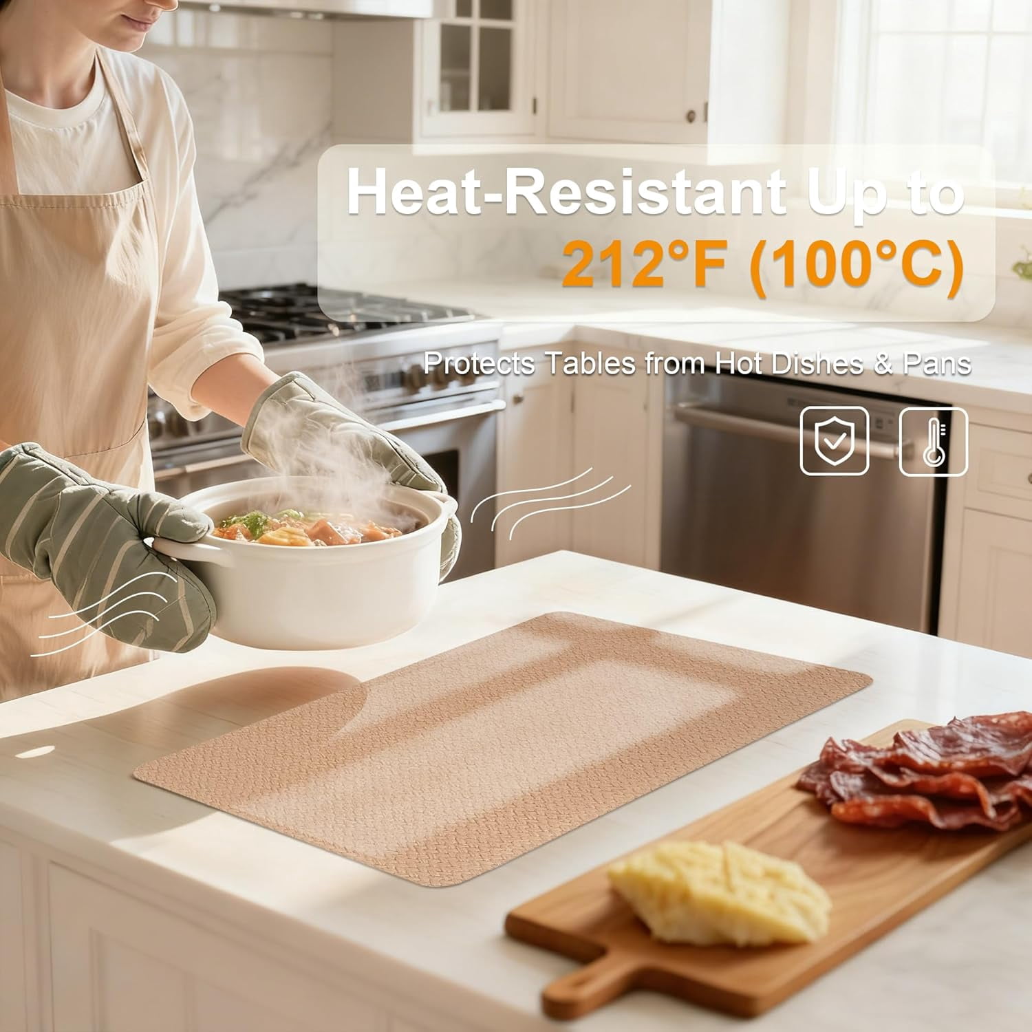 PROMATTOO Woven Embossed Placemats Set of 6,Heat Resistant,Faux Leather Dining Table Mat,Golden Beige