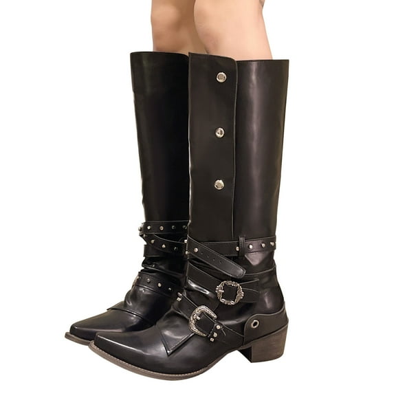 Luxalzxs Knee High Boots Women Retro Knight Boots Black Punk Style Trouser Boots