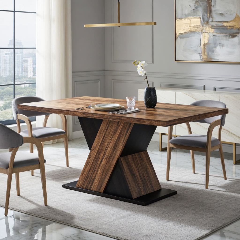 Hommoo 55 Inch Farmhouse Dining Table for 4-6 People, Kitchen Table with MDF Construction, Easy Assembly, Walnut