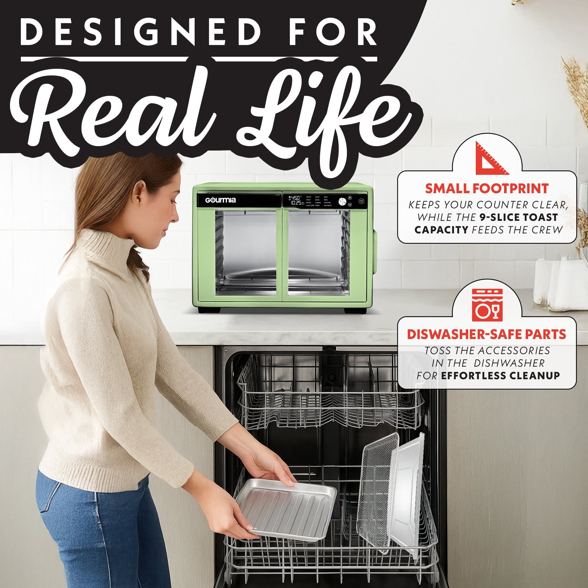 Gourmia Air Fryer French Door Toaster Oven - 9 Slice Capacity, 12 Presets, Green