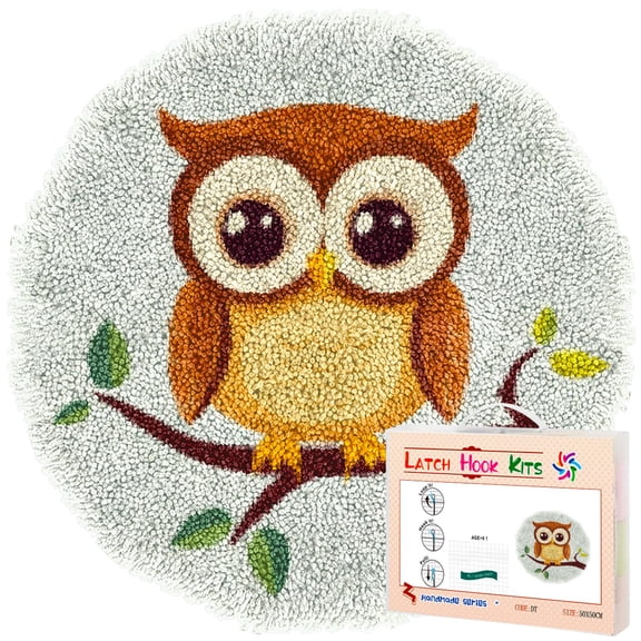Latch Hook Rug Kit Cute Cartoon Owl on Branch Stamped Handmade Round Shape Carpet Crochet Yarn Craft DIY Hook and Latch Door Mat Tapestry for Home Floor Decor 50x50cm(5)