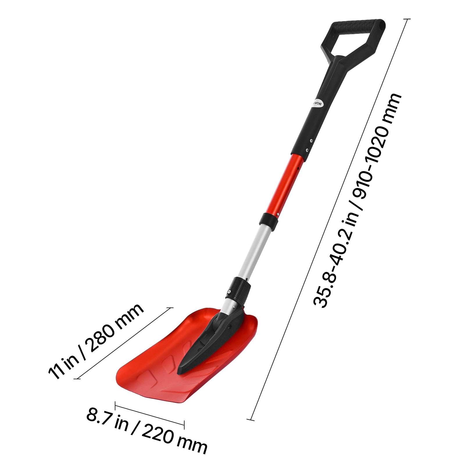 VEVOR Snow Shovel for Driveway, 9 in Foldable Snow Shovel with D-shaped Handle, , 36-40 in Adjustable, Lightweight Aluminum Alloy Snows Removal Tool, Reduce Back Strains for Garden Car Camping