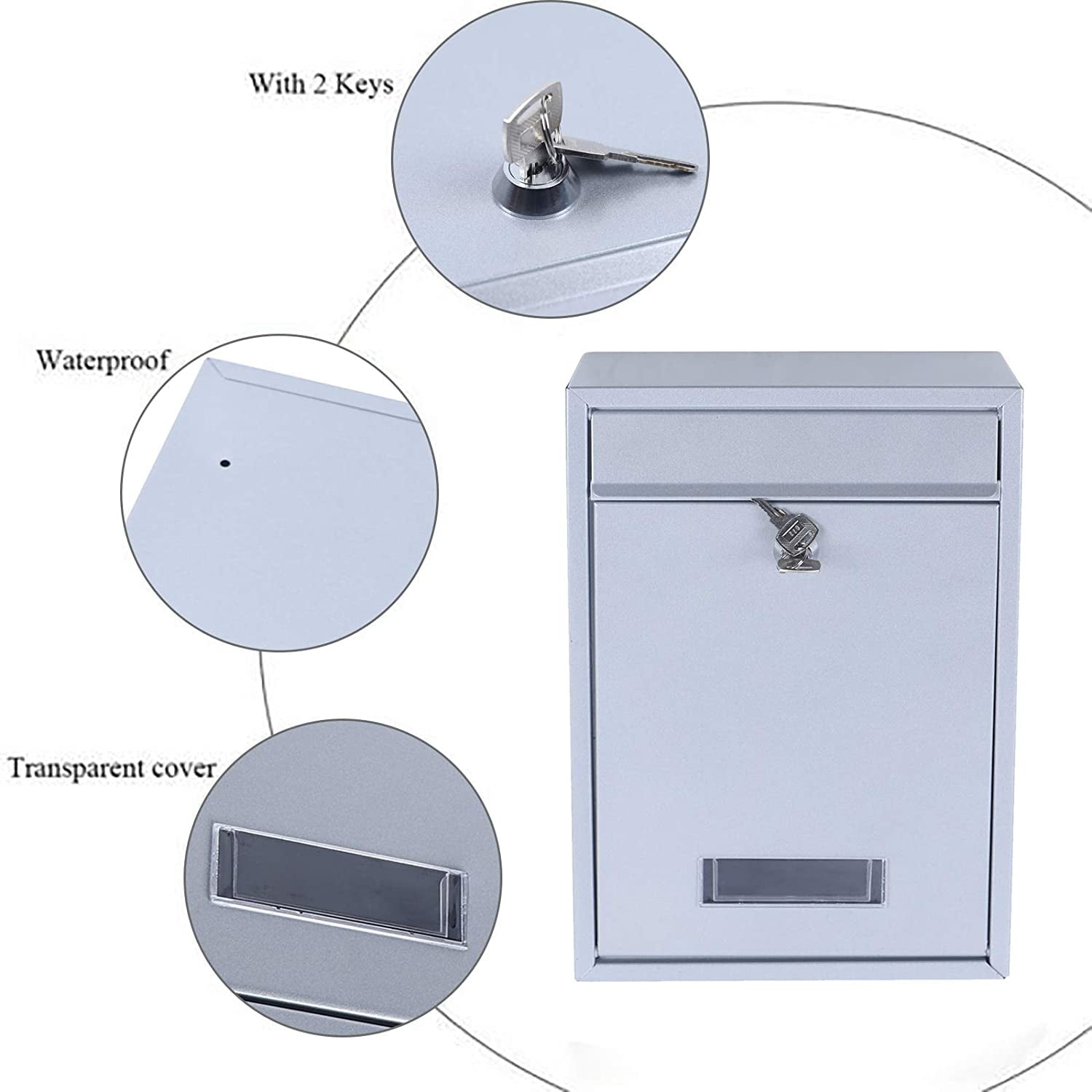 Metel Mail Boxes, Wall Mount Mailbox Square Metal Newspaper Inbox Lockable Large Capacity Mailbox with 2 Keys Silver (8.38“ * 3.35” * 12.59“)