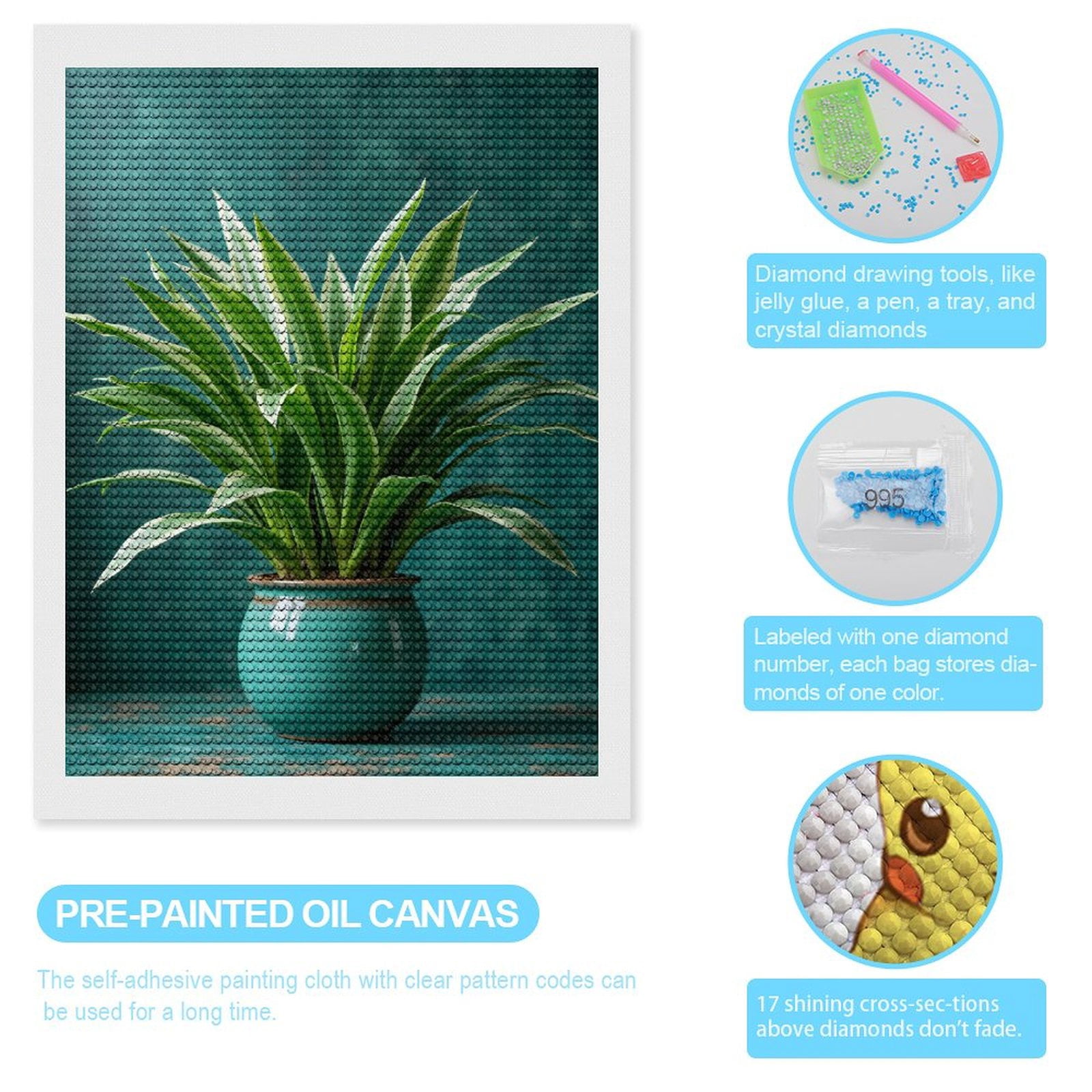 Diamond Art Kits for Adults, Green Plant Ceramic Pot Display 5D Diamond Painting Kits for Adults Beginners, DIY Full Drill Diamond Painting, Gem Art and Crafts 12x16