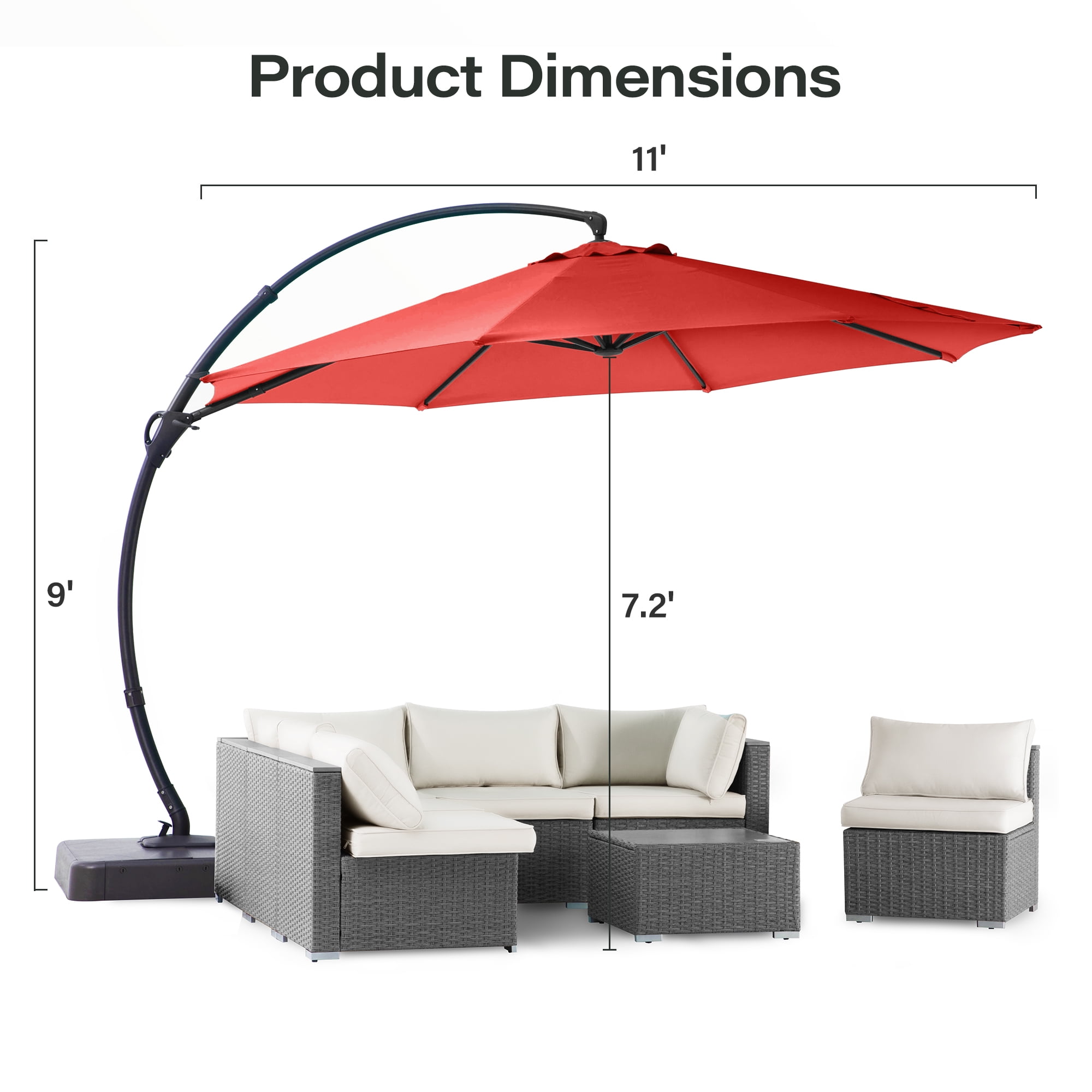 LAUSAINT HOME 11 FT Outdoor Patio Umbrella with Base, Aluminum Cantilever Umbrella with Crank, Red