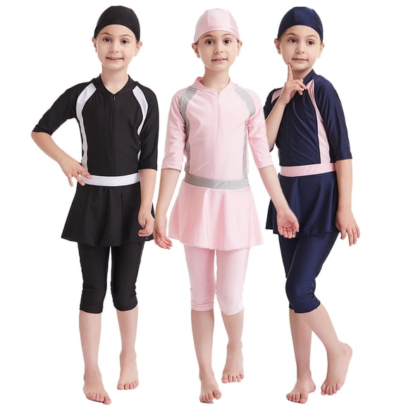 LYMAYTER 3-14T Kids Girls Short Sleeve Rash Guard Swimsuits with Hat Toddler Baby Quick Dry Beach Swimwear Three-Piece UPF50 Sun Protection Bathing Suits