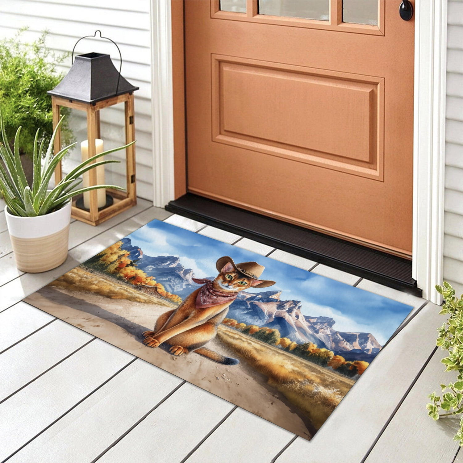 Welcome Fall Western Cowboy Abyssinian Enjoys Majestic Autumn Doormat Cat Lover Kitten Owner Gifts Indoor Outdoor Welcome Mat - 01007
