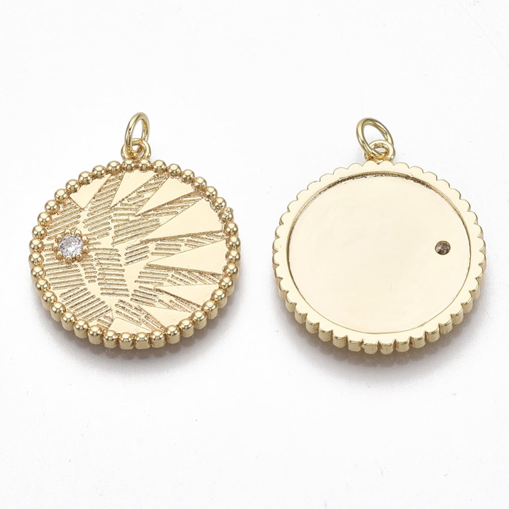Brass Micro Pave Clear Cubic Zirconia Pendants Flat Round Nickel Free Real 18K Gold Plated 25x23x2.5mm Jump Ring: 5x0.8mm Inner Diameter: 3mm
