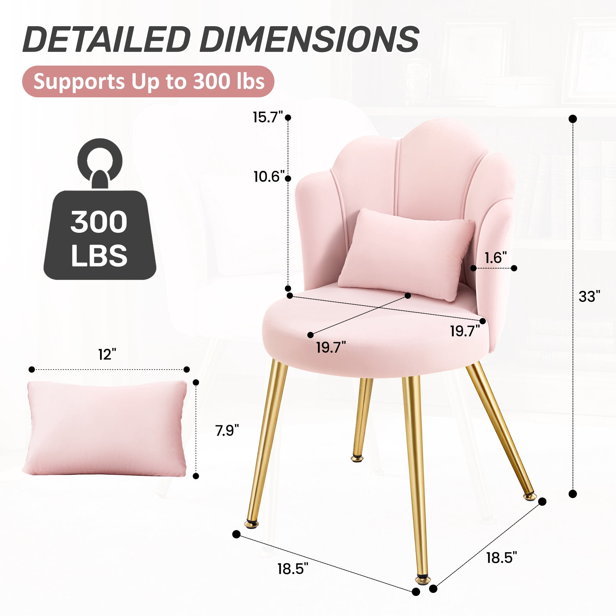 COOLHUT Petal Velvet Vanity Chair, Flower Cute Girls Mack Up Vanity Stool Chair with Lumber Pillow and Adustable Gold Legs, Upholstered Small Desk Chair for Living Room Bedroom Home Office, Pink