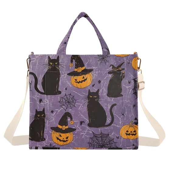 FORMRS Womens Corduroy Tote Bag Crossbody Shoulder Handbag with Pocket, Purple Halloween Black Cat