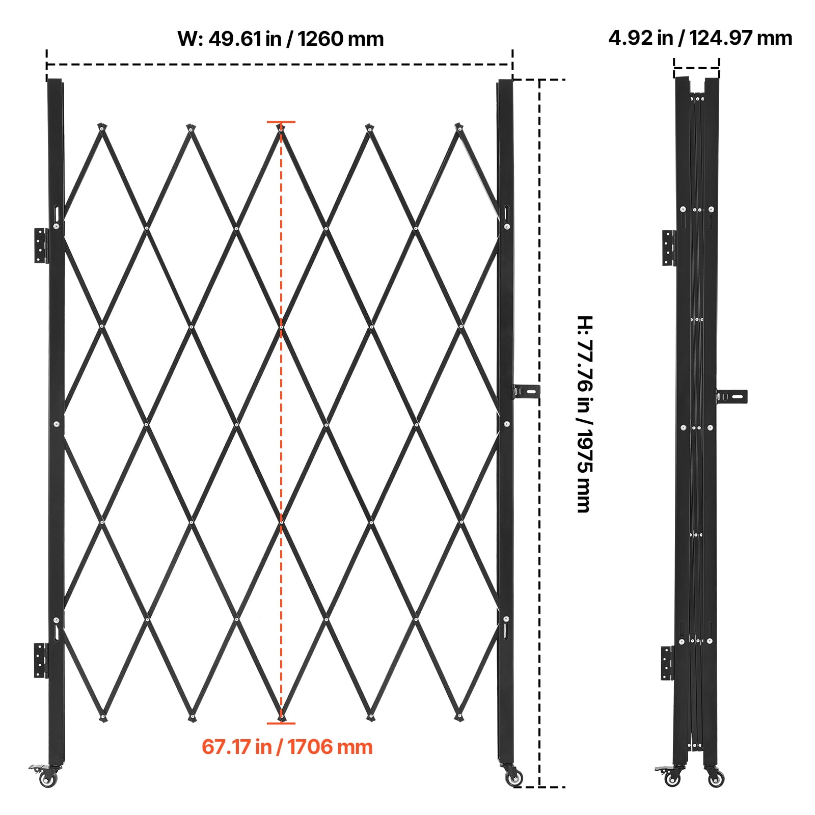 KFFKFF Single Folding Security Gate, Lockable Scissor Gate with Swivel Casters, Steel Retractable Gate for Entry, Garage, Warehouse, and Pool, 49.61 x 77.76 in (W x H)
