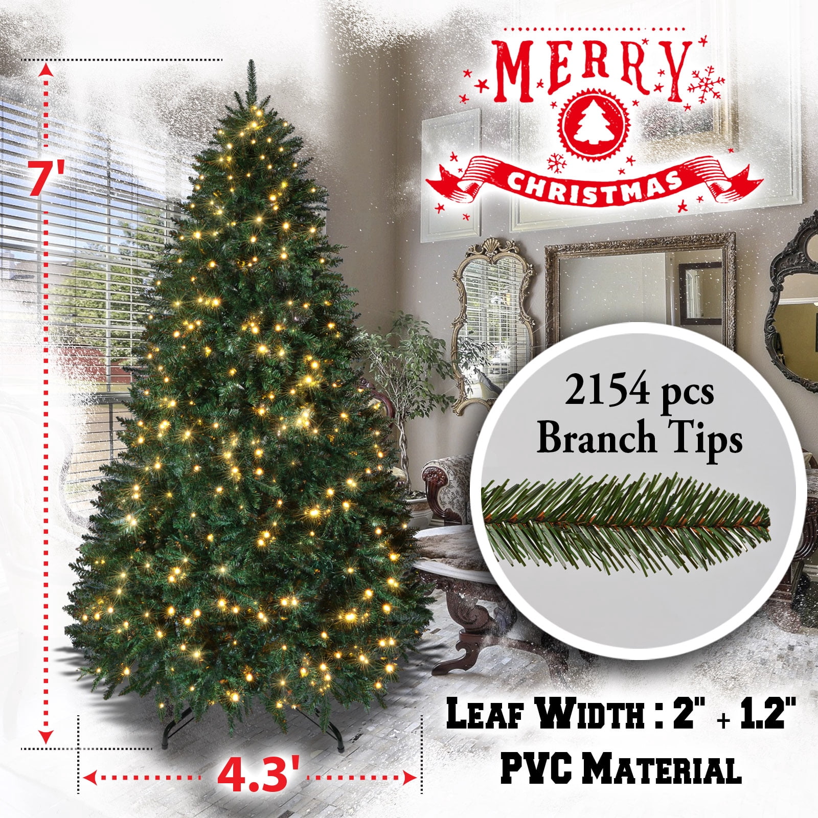 Sunrise 7 Artificial Christmas Tree with Metal Stand Full Tree Xmas Holiday (7' with 700 Clear Lights and 2154 tips) Green