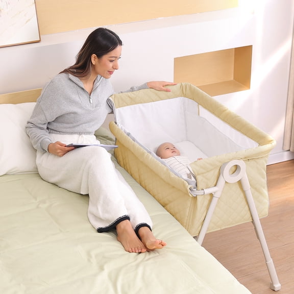 3-in-1 Baby Bed with Mosquito Net, Baby Headboard with Wheels and Storage Basket