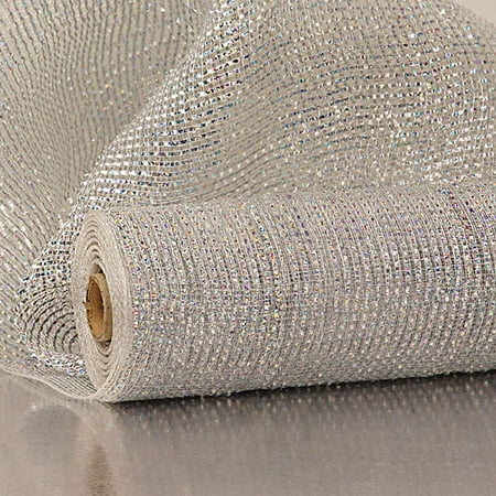 Iridescent Crystal - Crystal Iridescent Solid Metallic Thread Deco Mesh Wreath Ribbon, 21 inches x 10 yards