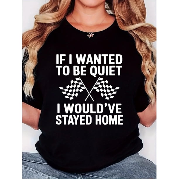 Women'S T-Shirt, "Racing Quote Flag WANTED White" Print, Retro Minimalist Fashion, Round Neck, Casual Comfort, Sports Short Sleeve T-Shirt