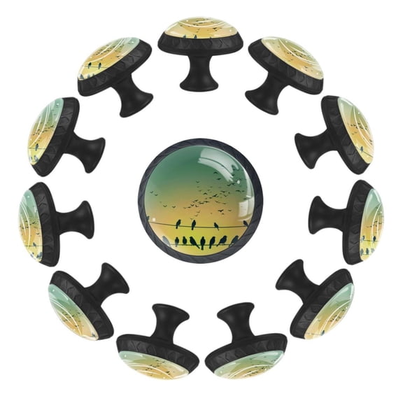 12 Pack Round Glass Drawer Knobs For Kitchen Cabinet With Screws, Spring Nature Sparrow Birds Silhouettes Crystal Diamond Shaped Cupboard Knobs For Kitchen Office Bathroom