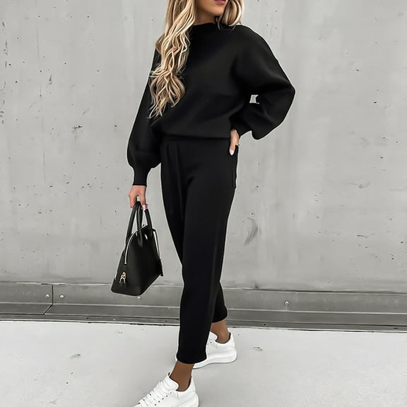 Brilliant 2 Piece Outfit for Women Casual Solid Color Two Piece Long Pants Hooded Pullover Long Sleeve Sweatshirts Sets-Black,XL Clothes under $5.00