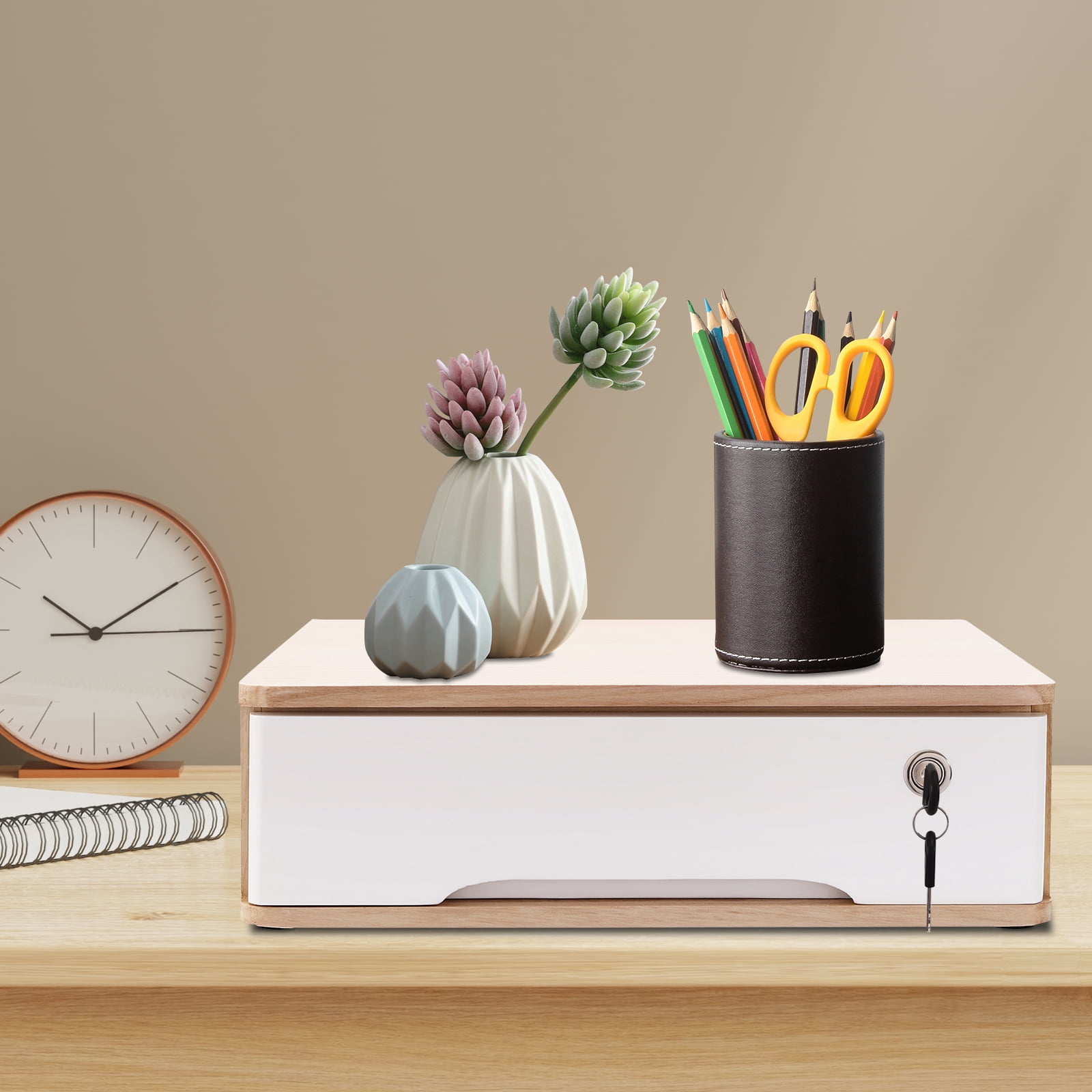 Wildnix Wooden Desktop Storage Box with Lock, Compact 3-Tier Organizer with Drawer for Office Supplies, Personal Items, and Books