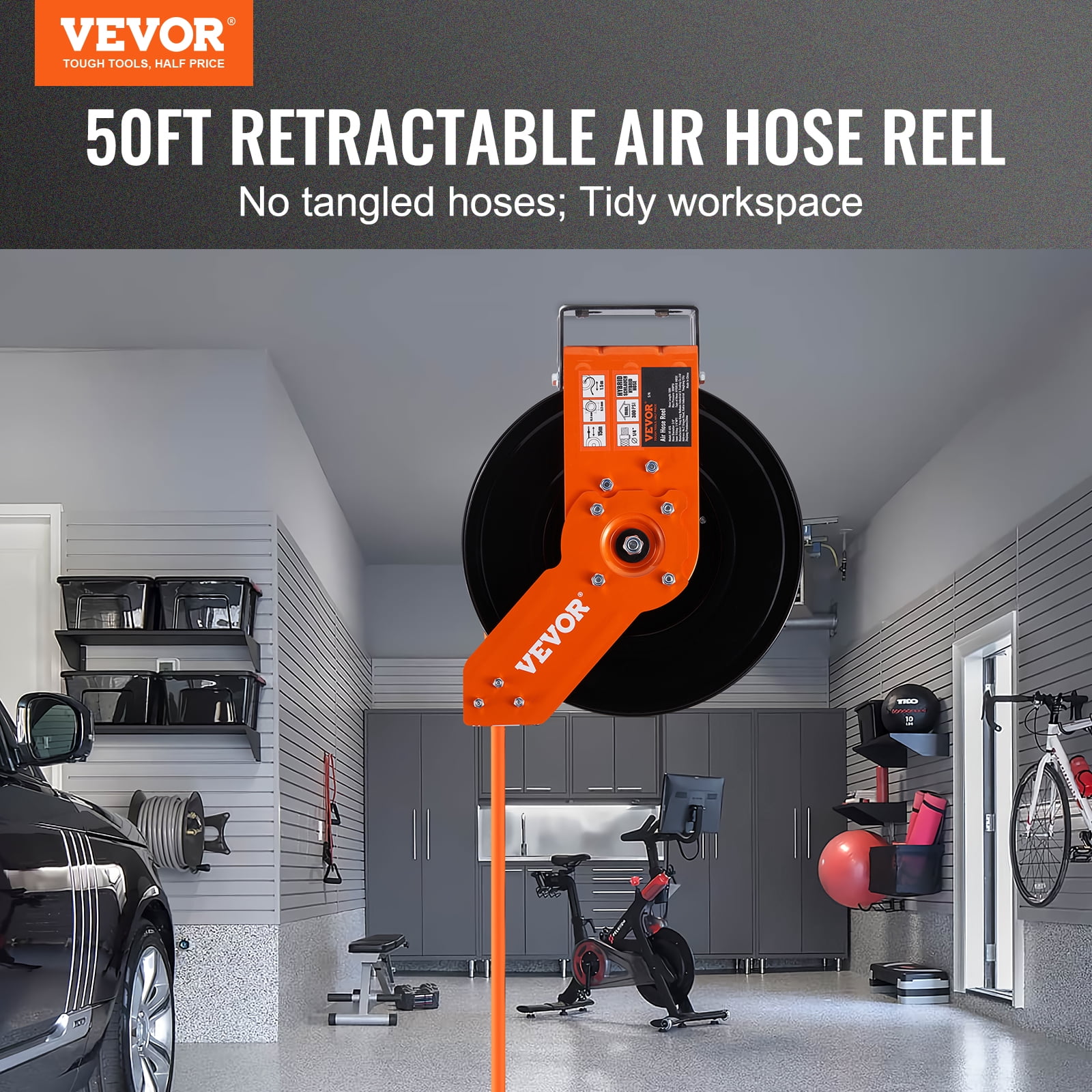 VEVOR Retractable Air Hose Reel, 3/8 IN x 50 FT Hybrid Air Hose Max 300PSI, Air Compressor Hose Reel with 5 In Lead in, Ceiling / Wall Mount Heavy Duty Single Arm Steel Reel