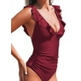 thumbnail image 2 of Women'S Ruffled Swimsuit V Neck Lace Up Claret M, 2 of 6