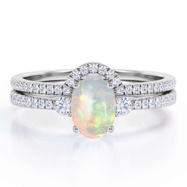 JeenMata Anillo de Bodas de Pasado, Presente y Futuro con Pavé Curvo de Ópalo Etíope Elíptico de 1 Quilate y Moissanita Engastado en Oro Blanco de 18 K sobre Plata