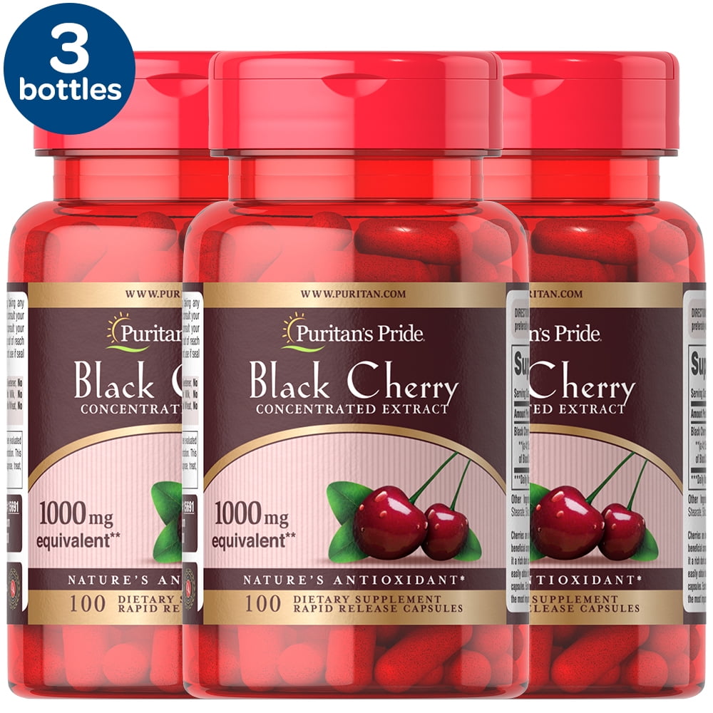 3 Pack Puritan's Pride Black Cherry 1000 mg Capsules, 100 Count