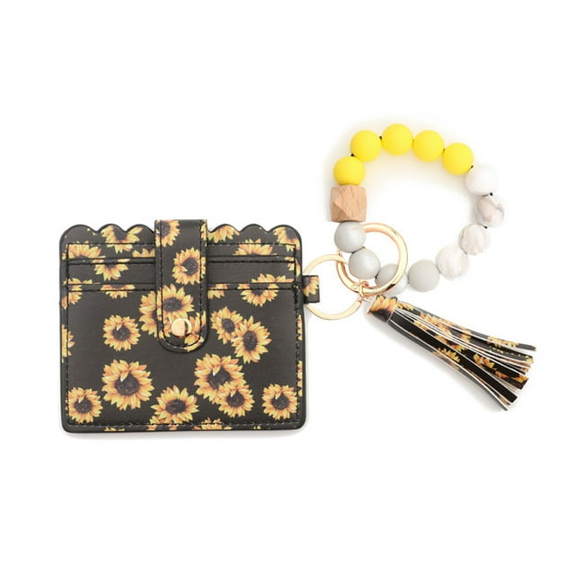 Women Keychain Bag with Tassel Wallet Fashion Key Chain Snap Button Card Holder Bangle Bracelet Keyring Pendant Accessory Sunflowers