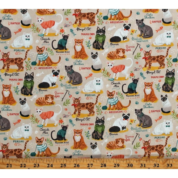 Cotton Cats Pets Animals Cat Breeds Chart Beige Cotton Fabric Print by the Yard (OLIVIA-CD2156-BEIGE)