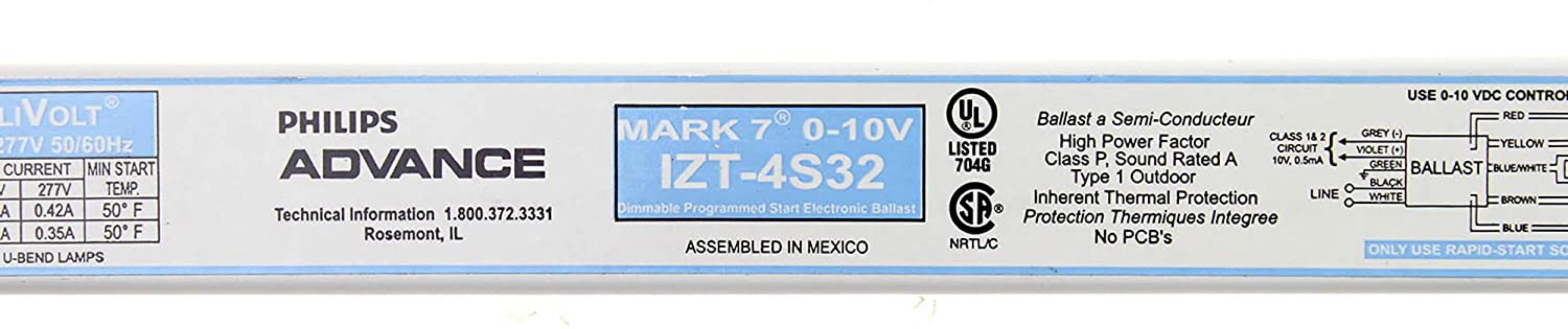 0-10V 4 LAMP ADVANCE IZT-4S32 MARK 7 DIMMABLE ELECTRONIC BALLAST F32T8 
