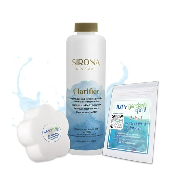 Sirona 82129 Spa Clarifier, 32 fl Oz  Includes My Garden Pool 20 Ct. Test Strips & Scum Sponge  Clears Cloudy Water for a Sparkling & Balanced Spa